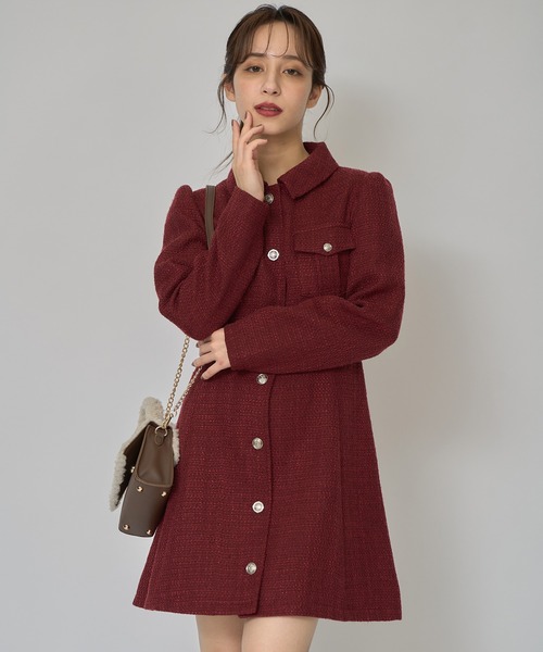 REDYAZEL(レディアゼル)の「エンブレムボタンツイードシャツミニワンピース(ワンピース・レディース・オフホワイト/ボルドー/ネイビー/ブルー/イエロー・MEDIUM/SMALL)」の8枚目の写真