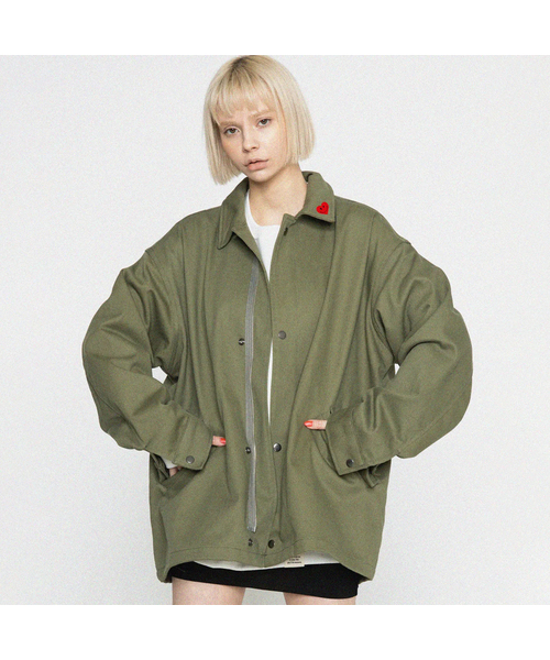 [UNISEX] LAPEL HEART SMILE CLIP OVERSIZED JACKET_KHAKI
