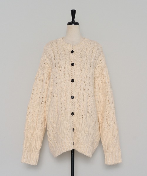 ハンドニット ボタニカル ケーブル編み ニットカーディガン B25