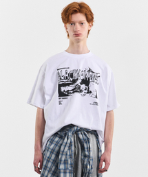 グランジシェードレタリンググラフィックオーバーサイズ半袖Tシャツ[ホワイト]