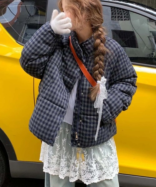 セール】ギンガムチェック 中綿ブルゾン/ジャケットコート（ダウン