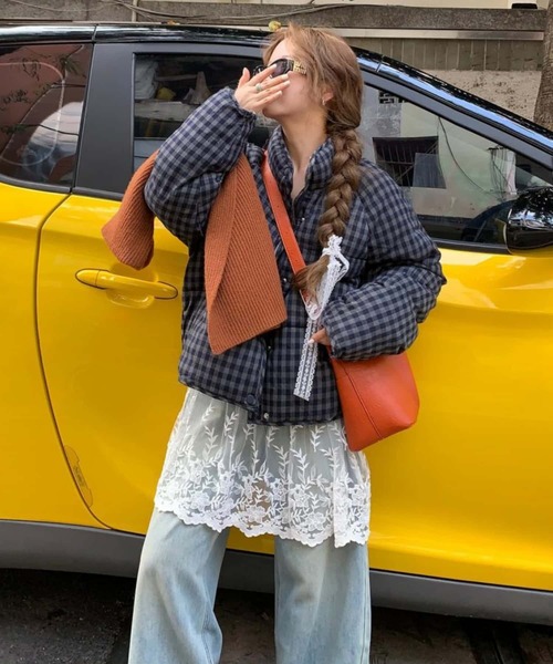 セール】ギンガムチェック 中綿ブルゾン/ジャケットコート（ダウン