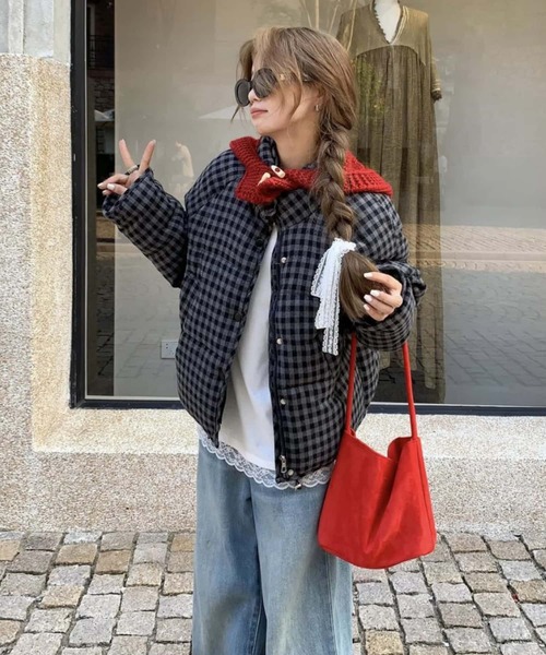 セール】ギンガムチェック 中綿ブルゾン/ジャケットコート（ダウン