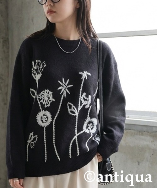 セール】花柄 刺繍ニット（ニット/セーター）｜antiqua（アンティカ