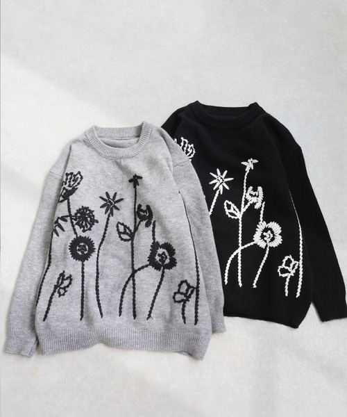 antiqua(アンティカ)の「花柄 刺繍ニット(ニット/セーター・レディース・グレー/ブラック・ONESIZE)」の14枚目の写真