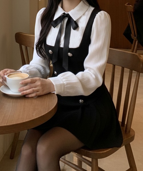 lulufa(ルルファ)の「リボン付き フェイクレイヤード ミニワンピース / 韓国 ガーリー(ワンピース・レディース・ブラック・FREE)」の4枚目の写真