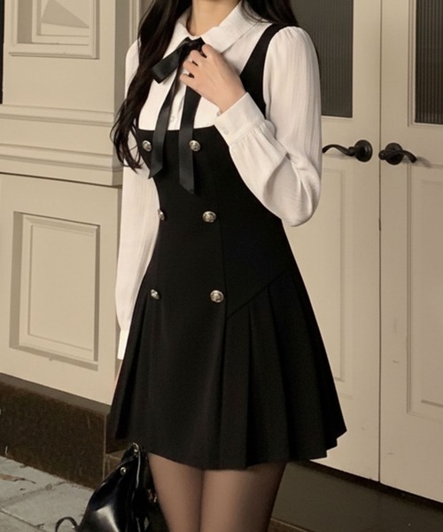 lulufa(ルルファ)の「リボン付き フェイクレイヤード ミニワンピース / 韓国 ガーリー(ワンピース・レディース・ブラック・FREE)」の2枚目の写真