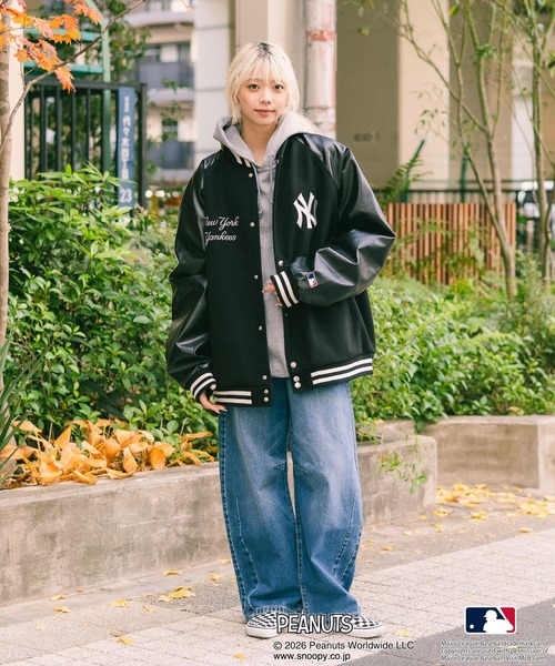 ヤンキース スタジャン 00s 定番 ストリート PEANUTS×MLB】オリジナルデザイン スタジャン バーシティージャケット