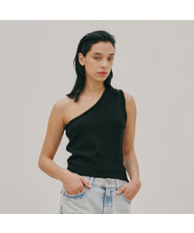 ODER（オディエール）の「リネンアシンメトリースリーブレス-ブラック（Tシャツ/カットソー）」