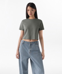 ウィメンズクルーネッククロップTシャツ [カーキグレー]