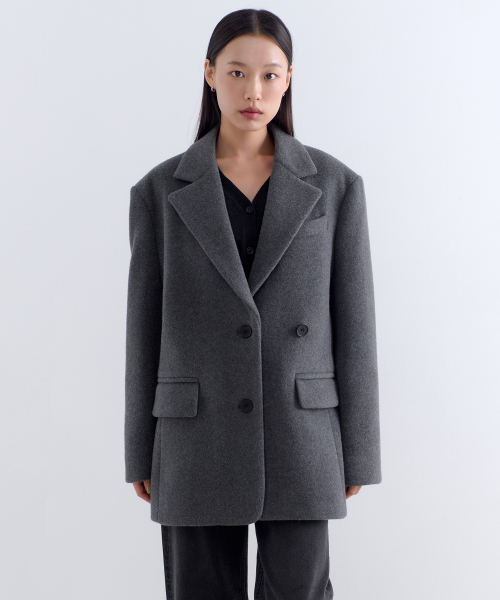 MUSINSA STANDARD WOMAN（ムシンサスタンダードウーマン）の「ウィメンズウールブレンドボリュームメルトンオーバーショルダーブレザーコート[ミディアムグレー]（チェスターコート・レディース・その他・LARGE/MEDIUM/SMALL/X-SMALL）」の5枚目の写真