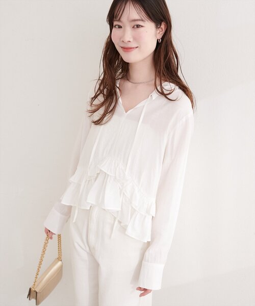 natural couture（ナチュラルクチュール）の「ティアードフリルブラウス（シャツ/ブラウス・レディース・ピンク/イエロー/ブルー/オフホワイト・FREE）」の5枚目の写真