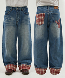 WaiKei | チェックアプリケロールアップデニムパンツミディアムブルー(デニムパンツ)