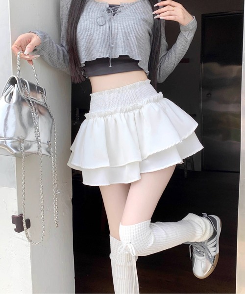 Per sist ence(パーシエンス)の「ティアードフリルミニスカパン(インナーパンツ付き)(スカート・レディース・ブラック/ホワイト・FREE)」の7枚目の写真