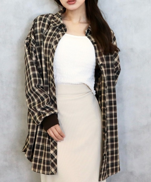 CECIL McBEE(セシルマクビー)の「袖口リブエコチェックシャツ(シャツ/ブラウス・レディース・ブラック/ブラウン・MEDIUM/LARGE)」の1枚目の写真