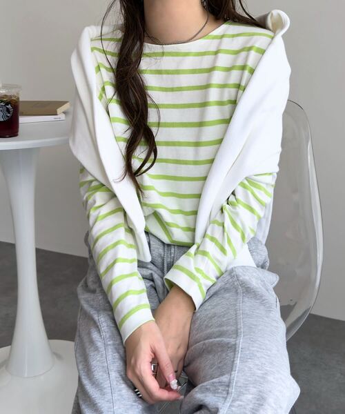 KOBE LETTUCE(コウベレタス)の「無地 or ボーダー コットン100% ゆったりボーダーチュニックカットソー(Tシャツ/カットソー・レディース・ネイビー系1/ミント/ネイビー系/ホワイト系/ホワイト系1/オリーブ/ブラウン系/マスタード・M/L)」の3枚目の写真