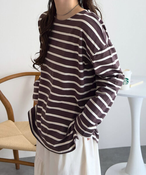 KOBE LETTUCE(コウベレタス)の「無地 or ボーダー コットン100% ゆったりボーダーチュニックカットソー(Tシャツ/カットソー・レディース・ネイビー系1/ミント/ネイビー系/ホワイト系/ホワイト系1/オリーブ/ブラウン系/マスタード・M/L)」の4枚目の写真