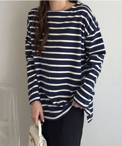 KOBE LETTUCE(コウベレタス)の「無地 or ボーダー コットン100% ゆったりボーダーチュニックカットソー(Tシャツ/カットソー・レディース・ネイビー系1/ミント/ネイビー系/ホワイト系/ホワイト系1/オリーブ/ブラウン系/マスタード・M/L)」の7枚目の写真
