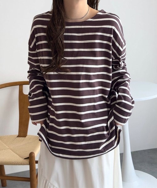 KOBE LETTUCE(コウベレタス)の「無地 or ボーダー コットン100% ゆったりボーダーチュニックカットソー(Tシャツ/カットソー・レディース・ネイビー系1/ミント/ネイビー系/ホワイト系/ホワイト系1/オリーブ/ブラウン系/マスタード・M/L)」の13枚目の写真