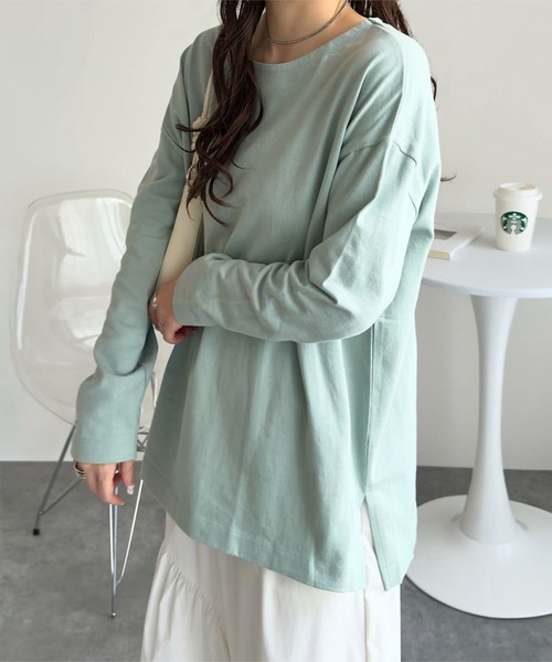KOBE LETTUCE(コウベレタス)の「無地 or ボーダー コットン100% ゆったりボーダーチュニックカットソー(Tシャツ/カットソー・レディース・ネイビー系1/ミント/ネイビー系/ホワイト系/ホワイト系1/オリーブ/ブラウン系/マスタード・M/L)」の15枚目の写真