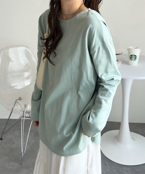 KOBE LETTUCE(コウベレタス)の「無地 or ボーダー コットン100% ゆったりボーダーチュニックカットソー(Tシャツ/カットソー・レディース・ネイビー系1/ミント/ネイビー系/ホワイト系/ホワイト系1/オリーブ/ブラウン系/マスタード・M/L)」の16枚目の写真