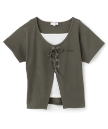 PINK-latte（ピンクラテ）の「テレコレースアップ半袖トップス（Tシャツ/カットソー）」