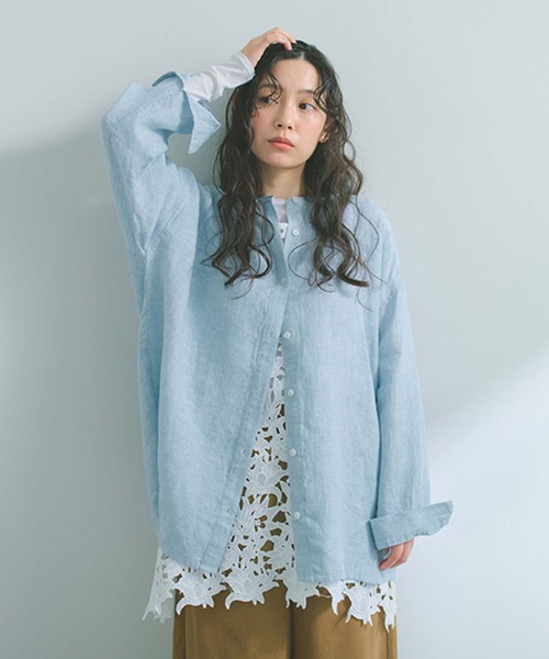 studio CLIP（スタディオクリップ）の「【リネン100%】バンドカラーシャツ（シャツ/ブラウス・レディース・グリーン/サックスブルー/オレンジ/ベージュ・FREE）」の3枚目の写真