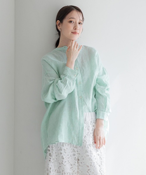 studio CLIP（スタディオクリップ）の「【リネン100%】バンドカラーシャツ（シャツ/ブラウス・レディース・グリーン/サックスブルー/オレンジ/ベージュ・FREE）」の2枚目の写真