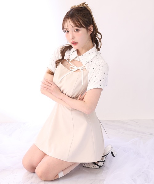 one after another NICE CLAUP(ワンアフターアナザーナイスクラップ)の「サイドカット異素材ミニワンピース(ワンピース・レディース・チャコールグレー/アイボリー/ベージュ・FREE)」の5枚目の写真