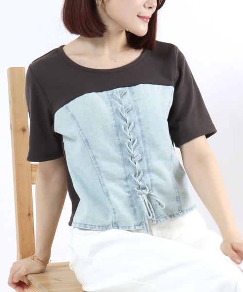 Salong hameu(サロン ハミュー)の「デニムビスチェレイヤード風 リブTシャツ/レディース/半袖/ドッキングトップス/レースアップ/韓国ファッション(Tシャツ/カットソー・レディース・ブラック/チャコールグレー・M/L)」の2枚目の写真
