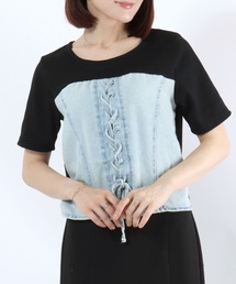 デニムビスチェレイヤード風 リブTシャツ/レディース/半袖/ドッキングトップス/レースアップ/韓国ファッション