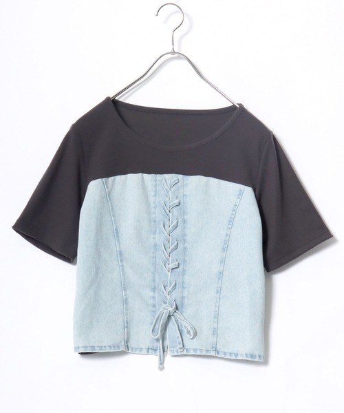 Salong hameu(サロン ハミュー)の「デニムビスチェレイヤード風 リブTシャツ/レディース/半袖/ドッキングトップス/レースアップ/韓国ファッション(Tシャツ/カットソー・レディース・ブラック/チャコールグレー・M/L)」の15枚目の写真