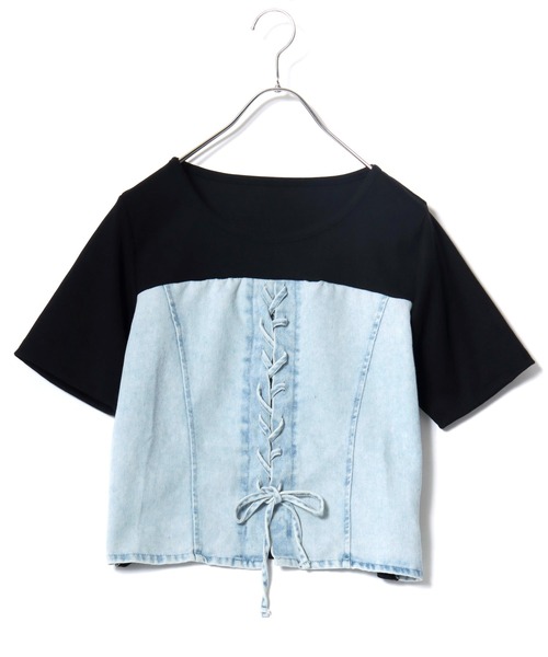 Salong hameu(サロン ハミュー)の「デニムビスチェレイヤード風 リブTシャツ/レディース/半袖/ドッキングトップス/レースアップ/韓国ファッション(Tシャツ/カットソー・レディース・ブラック/チャコールグレー・M/L)」の13枚目の写真