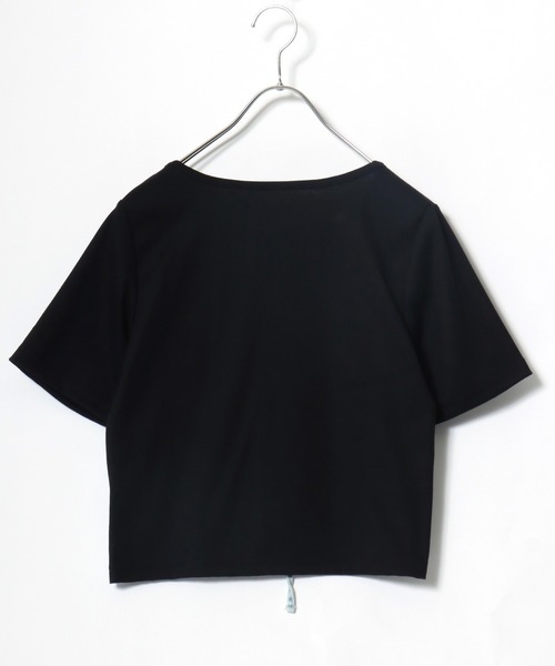 Salong hameu(サロン ハミュー)の「デニムビスチェレイヤード風 リブTシャツ/レディース/半袖/ドッキングトップス/レースアップ/韓国ファッション(Tシャツ/カットソー・レディース・ブラック/チャコールグレー・M/L)」の14枚目の写真