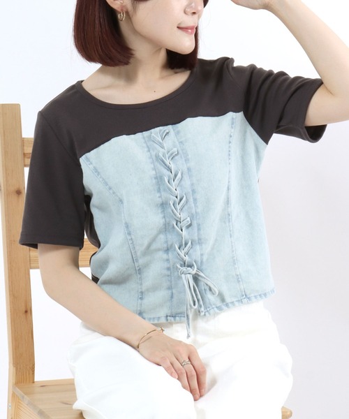 Salong hameu(サロン ハミュー)の「デニムビスチェレイヤード風 リブTシャツ/レディース/半袖/ドッキングトップス/レースアップ/韓国ファッション(Tシャツ/カットソー・レディース・ブラック/チャコールグレー・M/L)」の8枚目の写真