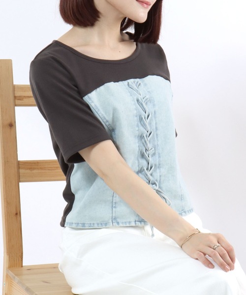 Salong hameu(サロン ハミュー)の「デニムビスチェレイヤード風 リブTシャツ/レディース/半袖/ドッキングトップス/レースアップ/韓国ファッション(Tシャツ/カットソー・レディース・ブラック/チャコールグレー・M/L)」の9枚目の写真