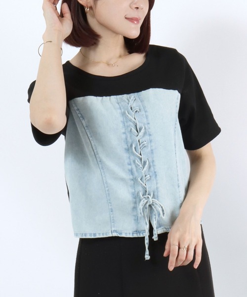 Salong hameu(サロン ハミュー)の「デニムビスチェレイヤード風 リブTシャツ/レディース/半袖/ドッキングトップス/レースアップ/韓国ファッション(Tシャツ/カットソー・レディース・ブラック/チャコールグレー・M/L)」の3枚目の写真