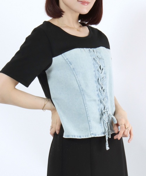Salong hameu(サロン ハミュー)の「デニムビスチェレイヤード風 リブTシャツ/レディース/半袖/ドッキングトップス/レースアップ/韓国ファッション(Tシャツ/カットソー・レディース・ブラック/チャコールグレー・M/L)」の4枚目の写真