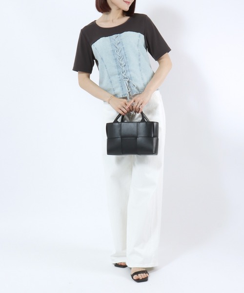 Salong hameu(サロン ハミュー)の「デニムビスチェレイヤード風 リブTシャツ/レディース/半袖/ドッキングトップス/レースアップ/韓国ファッション(Tシャツ/カットソー・レディース・ブラック/チャコールグレー・M/L)」の12枚目の写真