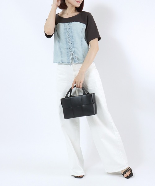 Salong hameu(サロン ハミュー)の「デニムビスチェレイヤード風 リブTシャツ/レディース/半袖/ドッキングトップス/レースアップ/韓国ファッション(Tシャツ/カットソー・レディース・ブラック/チャコールグレー・M/L)」の11枚目の写真