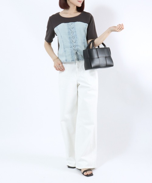 Salong hameu(サロン ハミュー)の「デニムビスチェレイヤード風 リブTシャツ/レディース/半袖/ドッキングトップス/レースアップ/韓国ファッション(Tシャツ/カットソー・レディース・ブラック/チャコールグレー・M/L)」の10枚目の写真