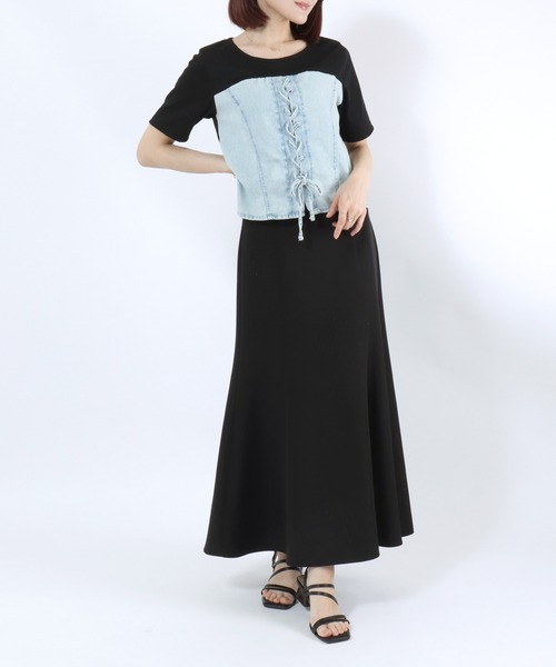 Salong hameu(サロン ハミュー)の「デニムビスチェレイヤード風 リブTシャツ/レディース/半袖/ドッキングトップス/レースアップ/韓国ファッション(Tシャツ/カットソー・レディース・ブラック/チャコールグレー・M/L)」の6枚目の写真