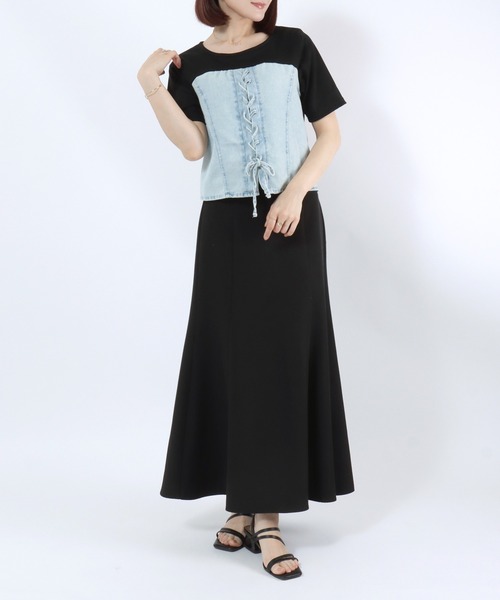 Salong hameu(サロン ハミュー)の「デニムビスチェレイヤード風 リブTシャツ/レディース/半袖/ドッキングトップス/レースアップ/韓国ファッション(Tシャツ/カットソー・レディース・ブラック/チャコールグレー・M/L)」の5枚目の写真