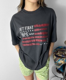 ヴィンテージフラッグロゴオーバーTシャツ / 海外ガール ロゴTシャツ オーバーTシャツ 半袖 ビッグシルエット ルーズ カジュアル ストリート 韓国 デイリー 3カラー ホワイト ネイビー チャコール