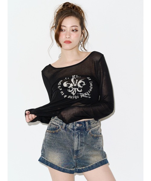 EVRIS（エヴリス）の「シアーロゴトップス（Tシャツ/カットソー・レディース・パープル/ホワイト/ブラック・FREE）」の4枚目の写真