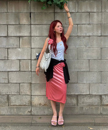 SATIN MIDI BANDING SKIRT_PINK