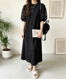袖花柄チュールドッキングロングワンピース