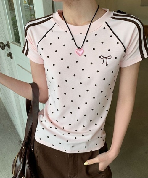 Vipoa(ヴィポア)の「polka dot line T-shirt(Tシャツ/カットソー・レディース・ピンク/ホワイト・FREE)」の2枚目の写真