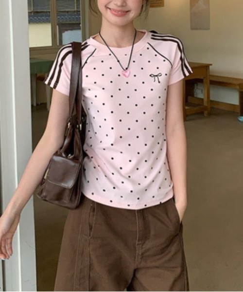 Vipoa(ヴィポア)の「polka dot line T-shirt(Tシャツ/カットソー・レディース・ピンク/ホワイト・FREE)」の3枚目の写真