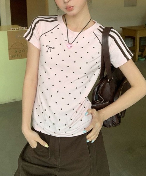 Vipoa(ヴィポア)の「polka dot line T-shirt(Tシャツ/カットソー・レディース・ピンク/ホワイト・FREE)」の4枚目の写真